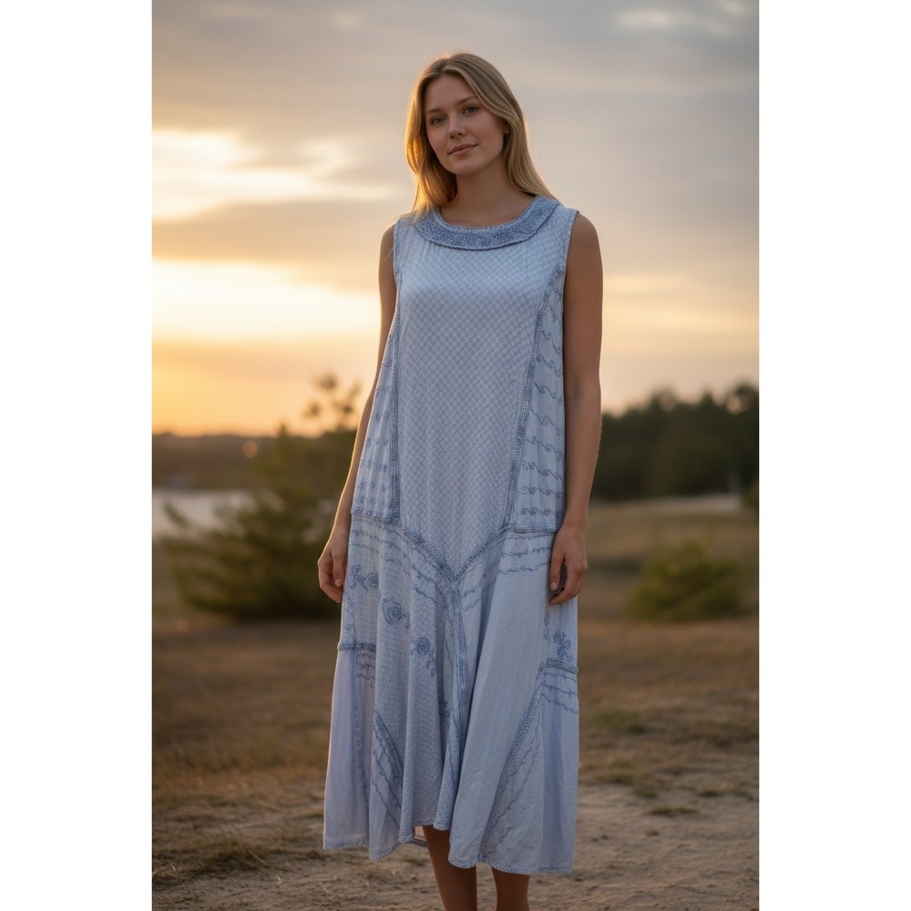 Expressions Blue Embroidered Maxi Dress L Cotton Blend Slub Knit Cottagecore